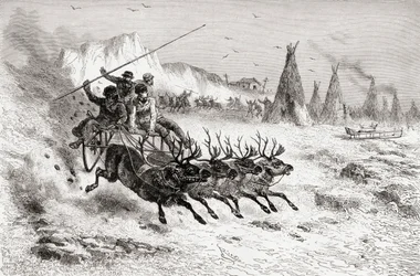 Samoyedos de Caborova en un trineo tirado por renos, 1878